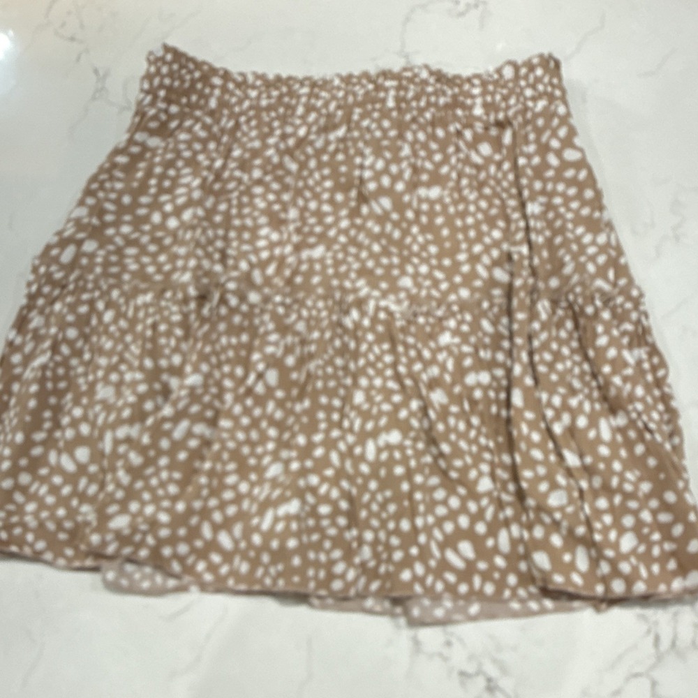 Ally Brown & White Animal Print Mini Skirt L Elastic Waist Drawstring Ruffle - Picture 7 of 7